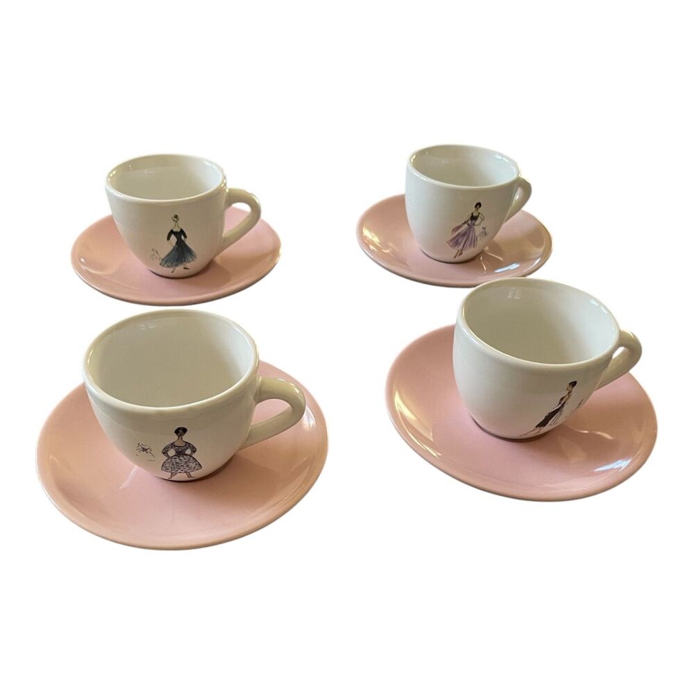 Vintage Set of 4 espresso cups and saucers Oooh La La Ladies' Fashion Plates